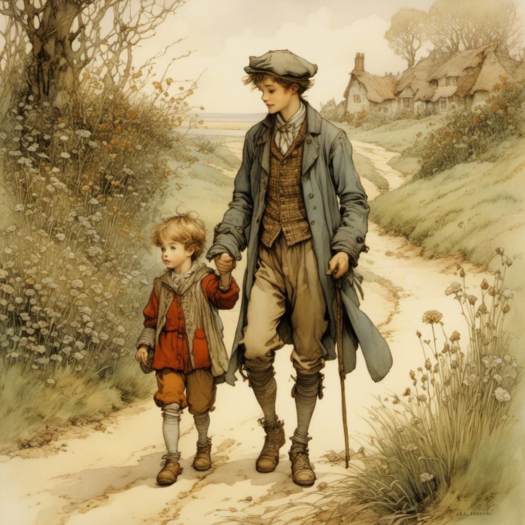 Father and Son Walk in Classic Illustration Style