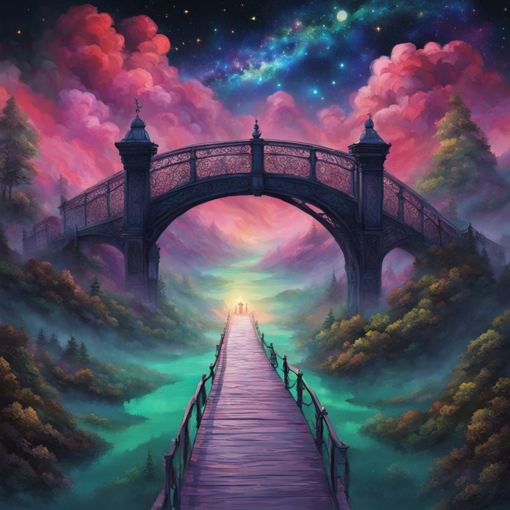Ethereal Fantasy Bridge in Vibrant Oil Painting Style