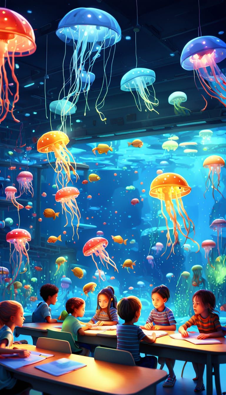 Underwater Kindergarten Class in Vibrant Digital Art