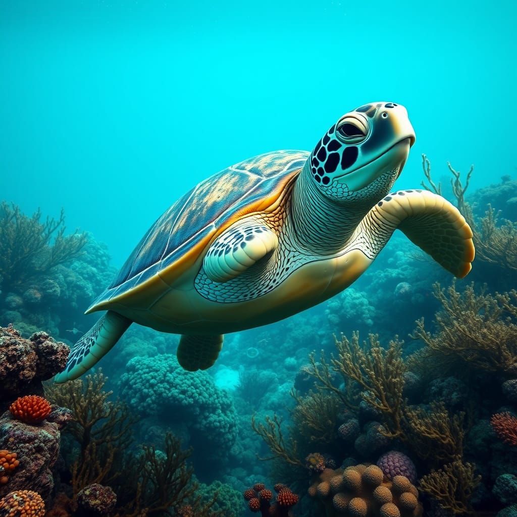 Sea Turtle in Vibrant Coral Reef
