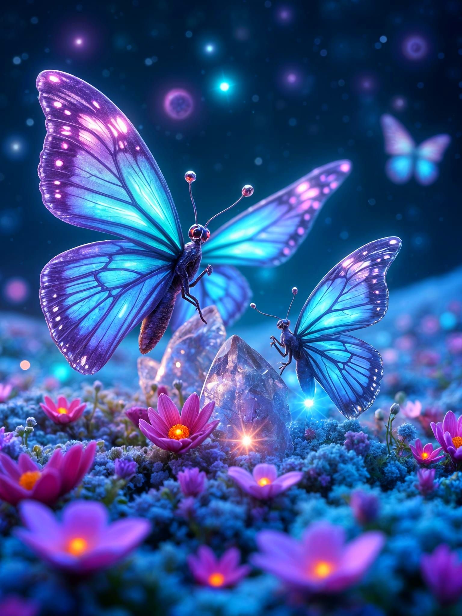 Glowing Butterflies in Crystal Alien Flower Fields