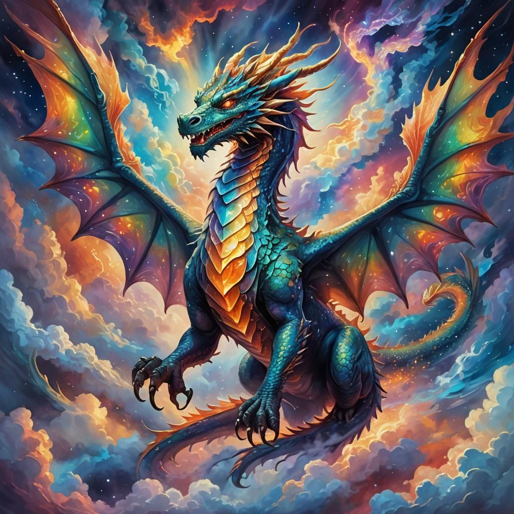 Majestic Dragon Soaring Through Mystical Realm in Oil Painti...