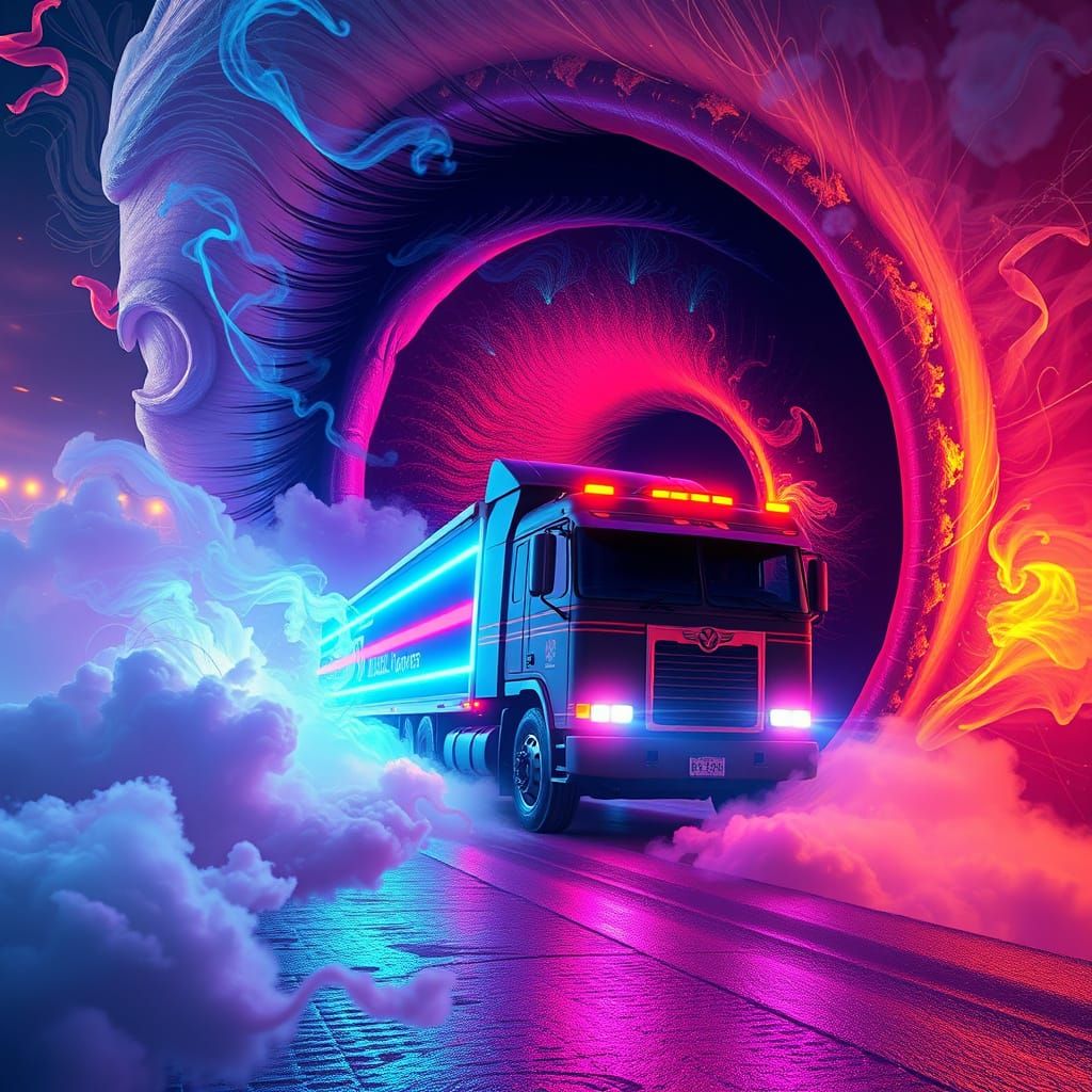 Surreal Truck Drives into a Glowing Nostril in a Dreamlike L...
