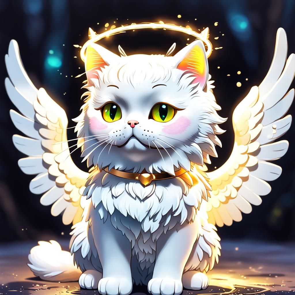 Angelic White Cat with Wings and Halo