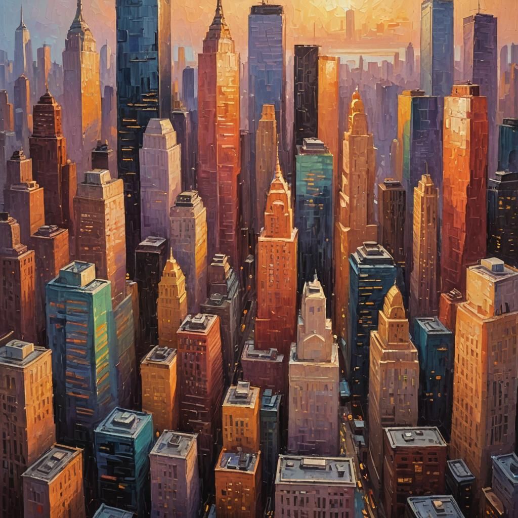 New York Skyscrapers at Sunset in Impasto Style