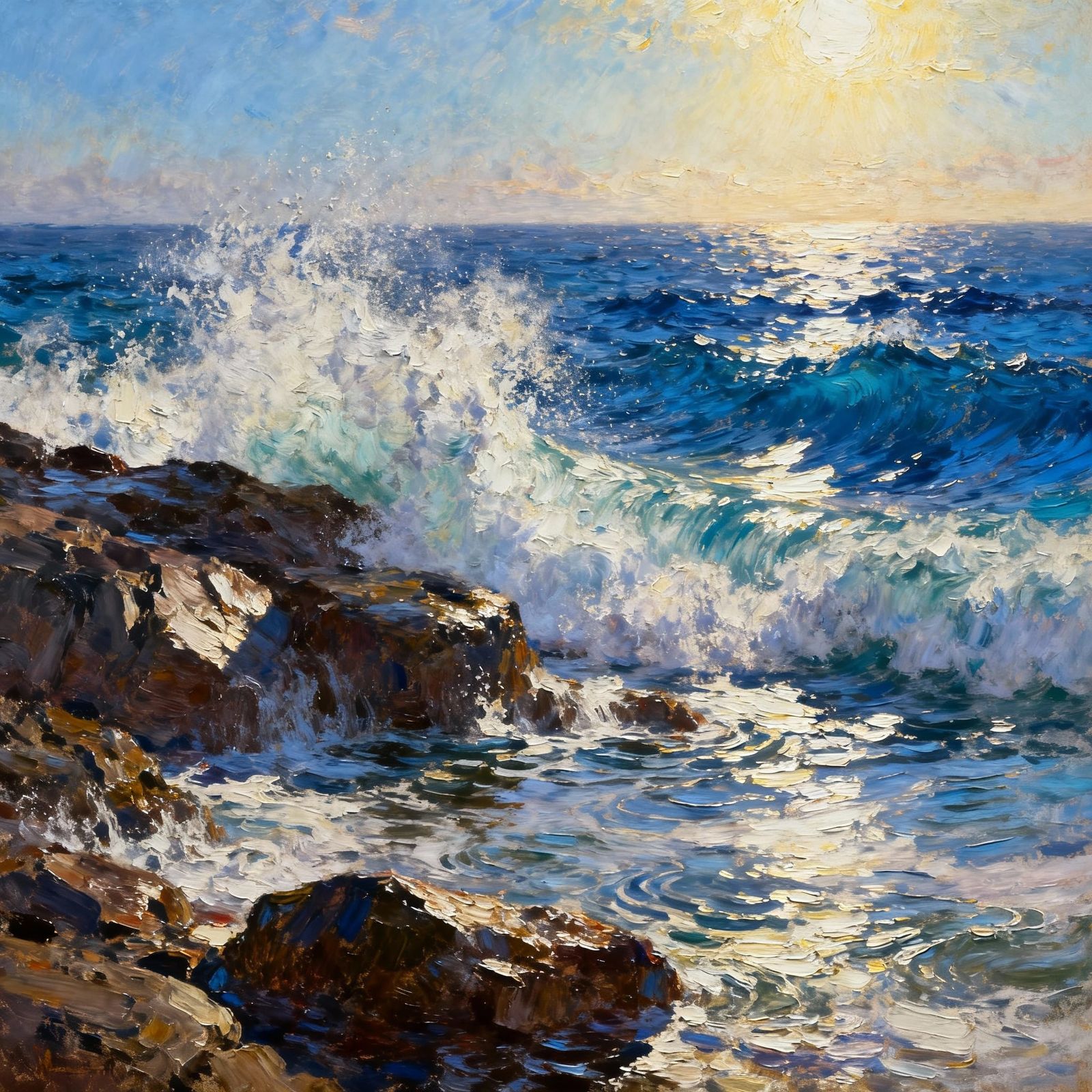 Vibrant Seascape: Dramatic Waves in Expressive Oil Style