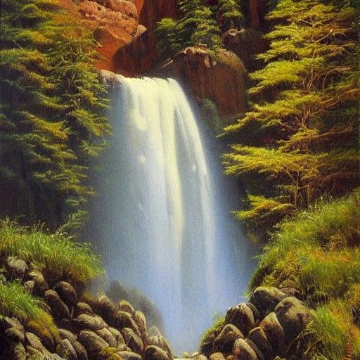 Majestic Waterfall and Mountain Landscape in Oil