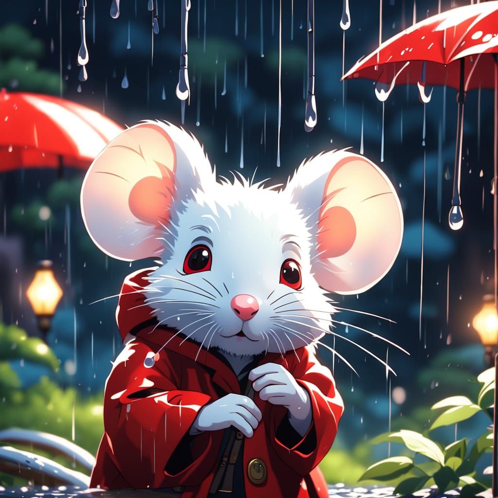 Mouse Peeking from Umbrella in Ghibli Style