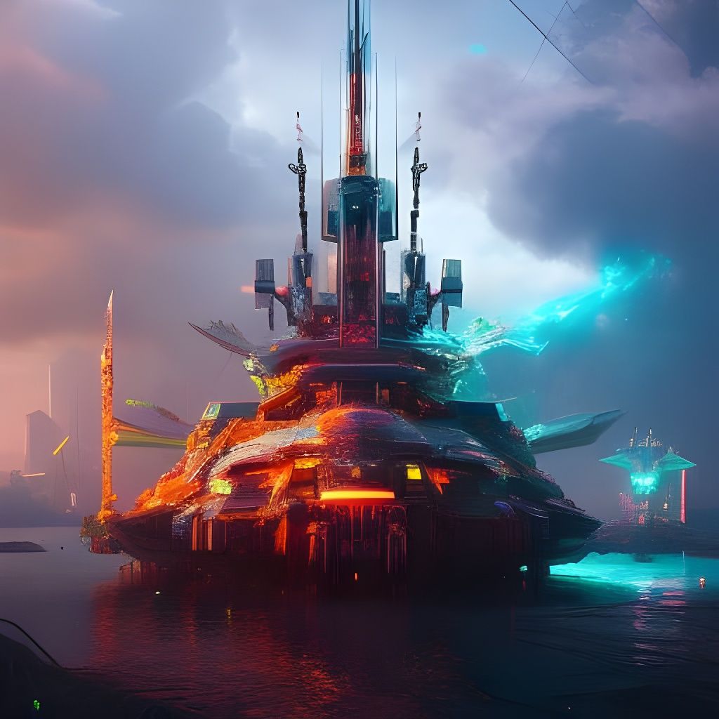 Ethereal Cyberpunk Longship on Lakeside