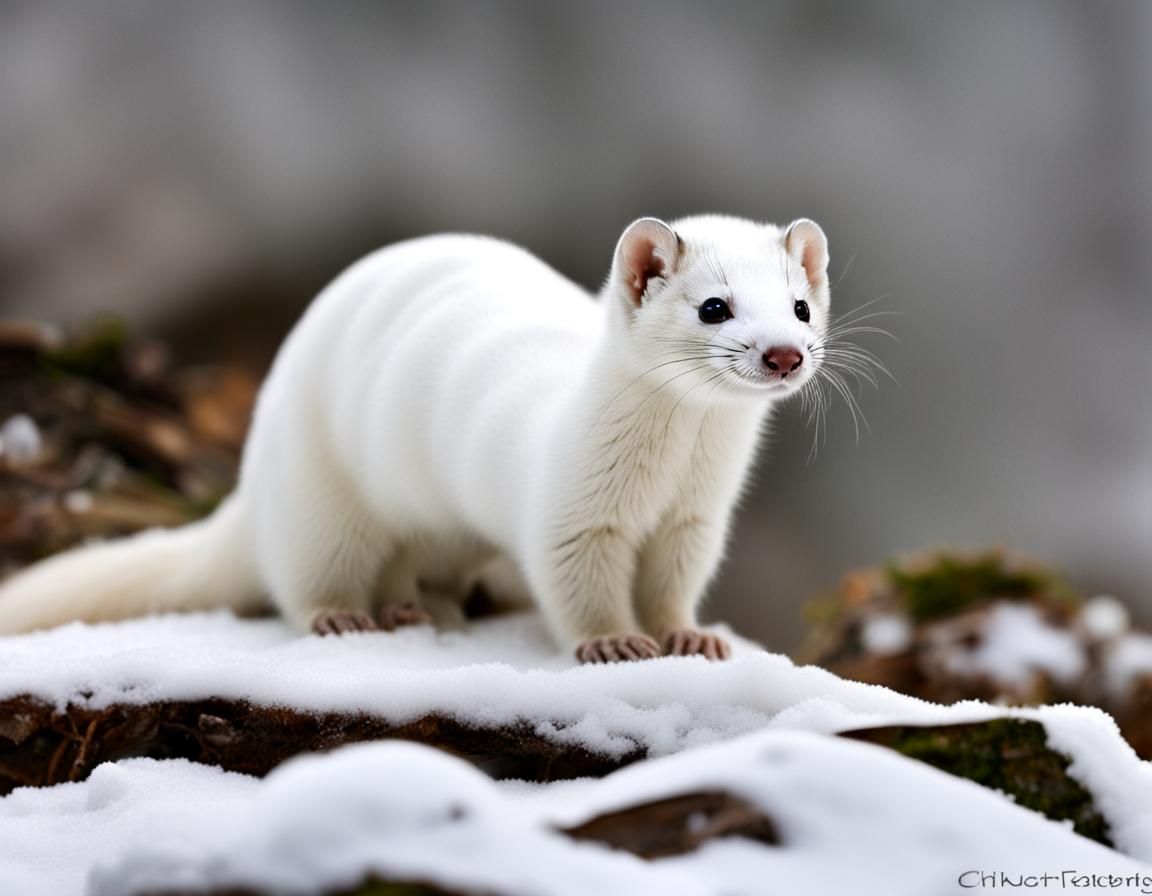 Snow Weasel in Winter Landscape
