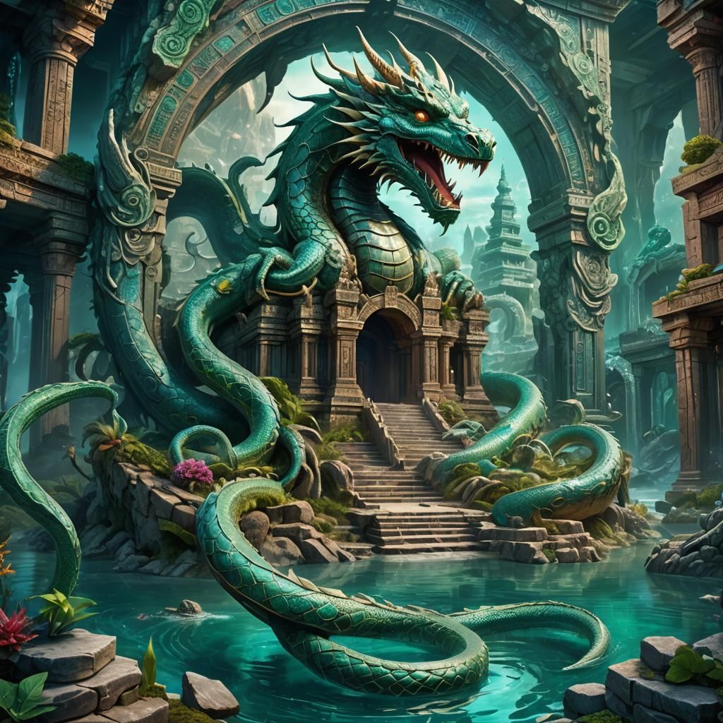 Serpent Dragon Coils Around Silver Temple: Fantasy Art