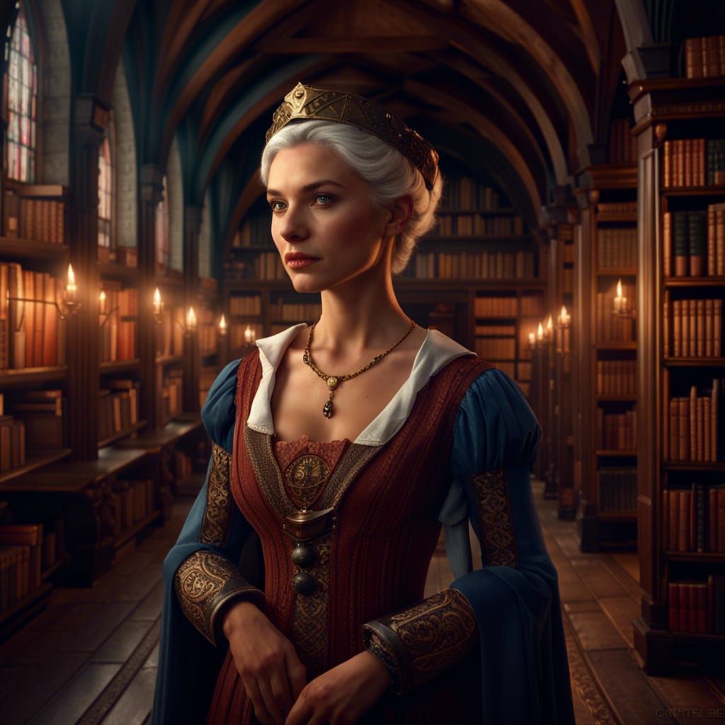 Medieval Lady Portrait in Library: Detailed Matte Painting