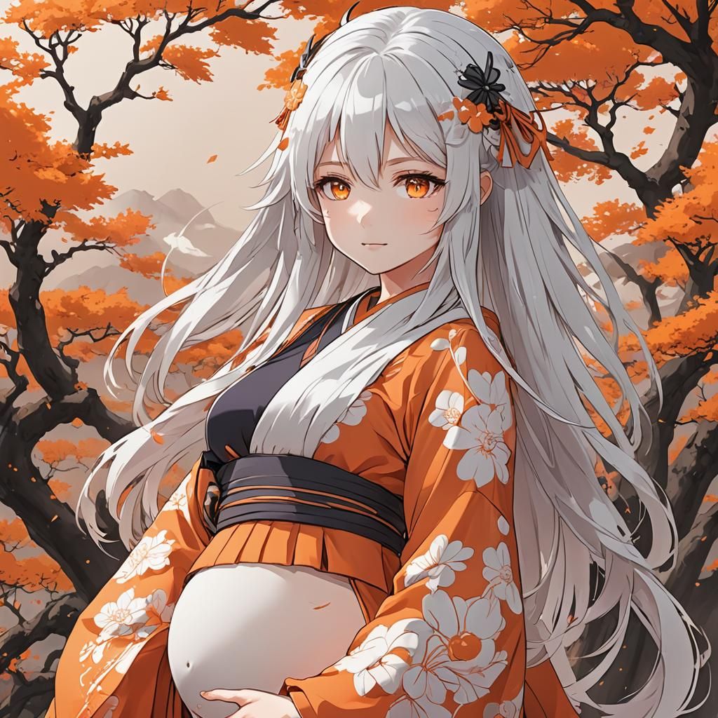 Pregnant Anime Girl in Orange Japanese Clothes