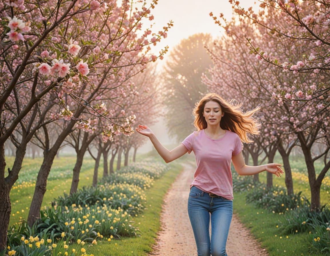 Whimsical Girl Runs Through a Golden Pear Orchard