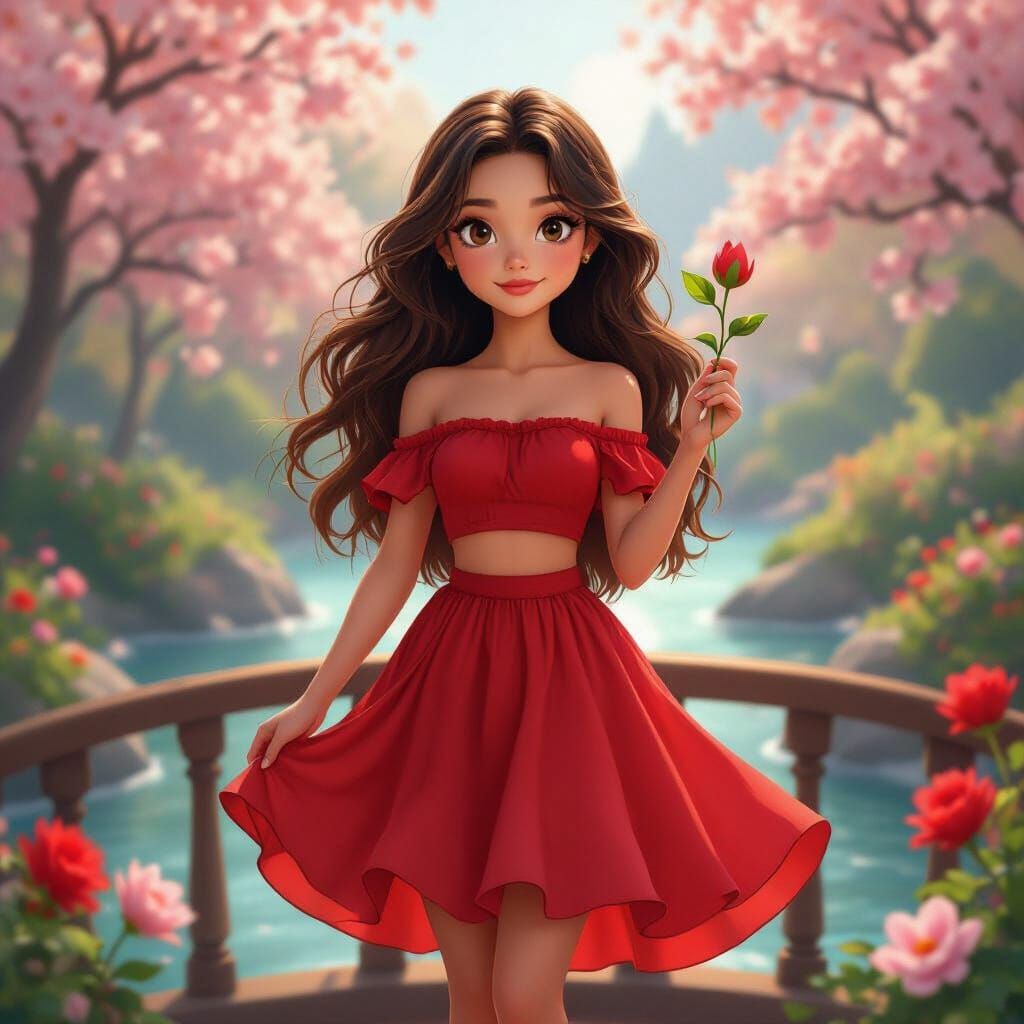Girl with Red Dress on Flower Bridge, Pixar Style