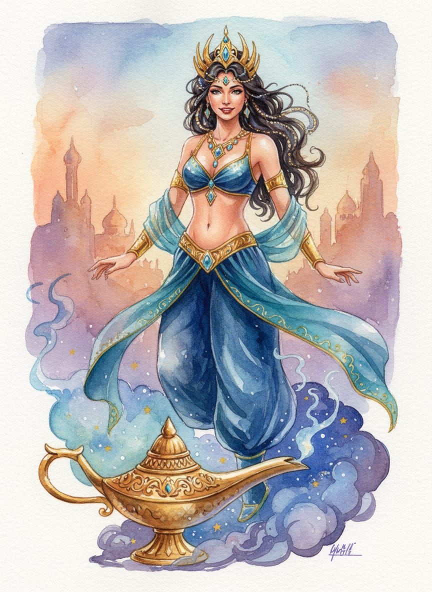 Regal Female Genie Emerging from Lamp, Watercolor Portrait