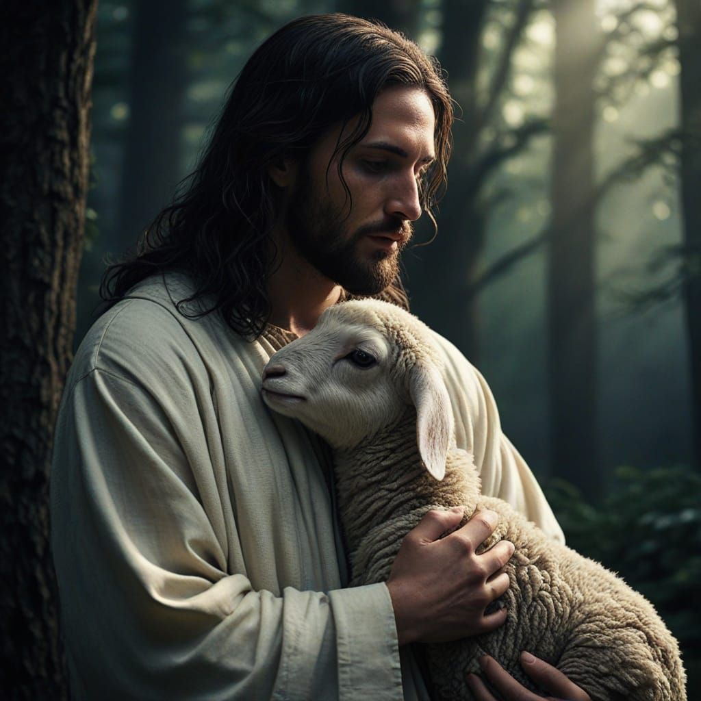 Jesus in a Mystic Forest with a Lamb