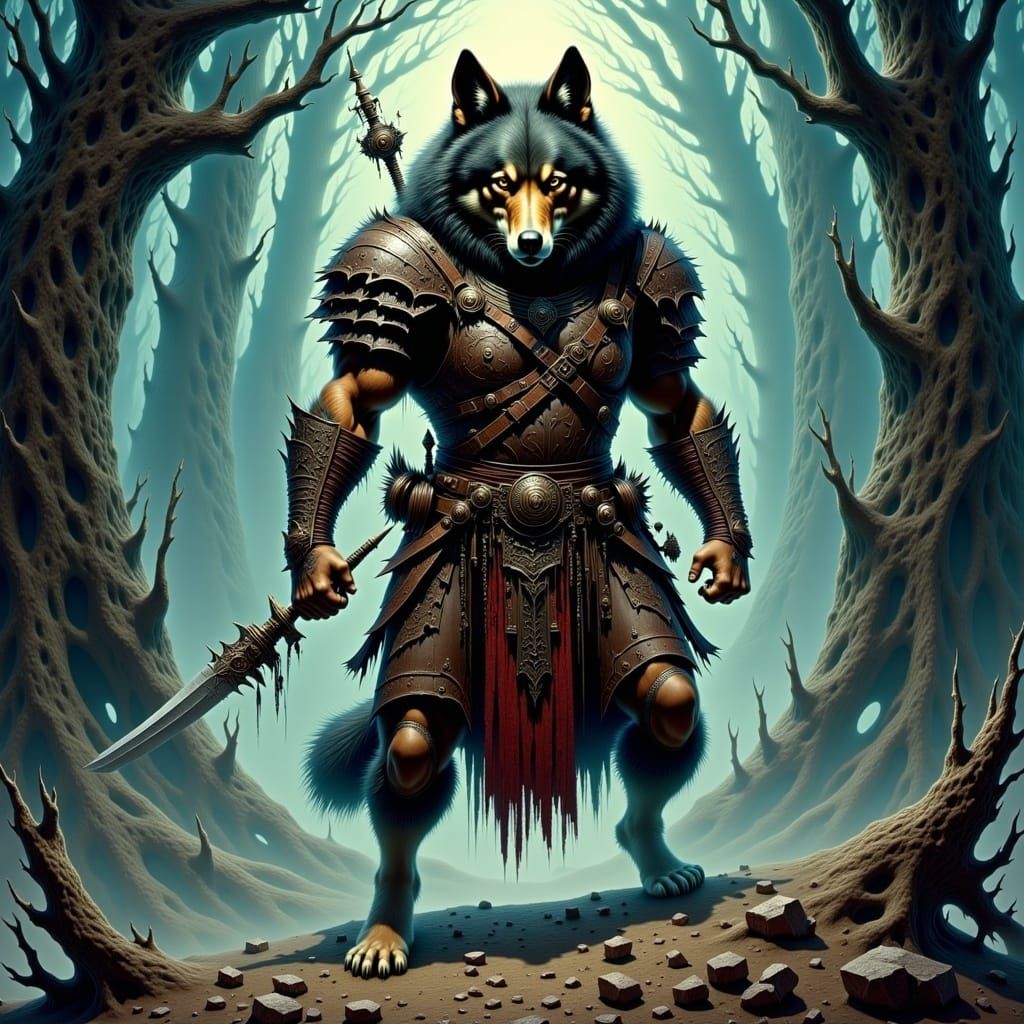 Fierce Canine Warrior in Mystical Forest