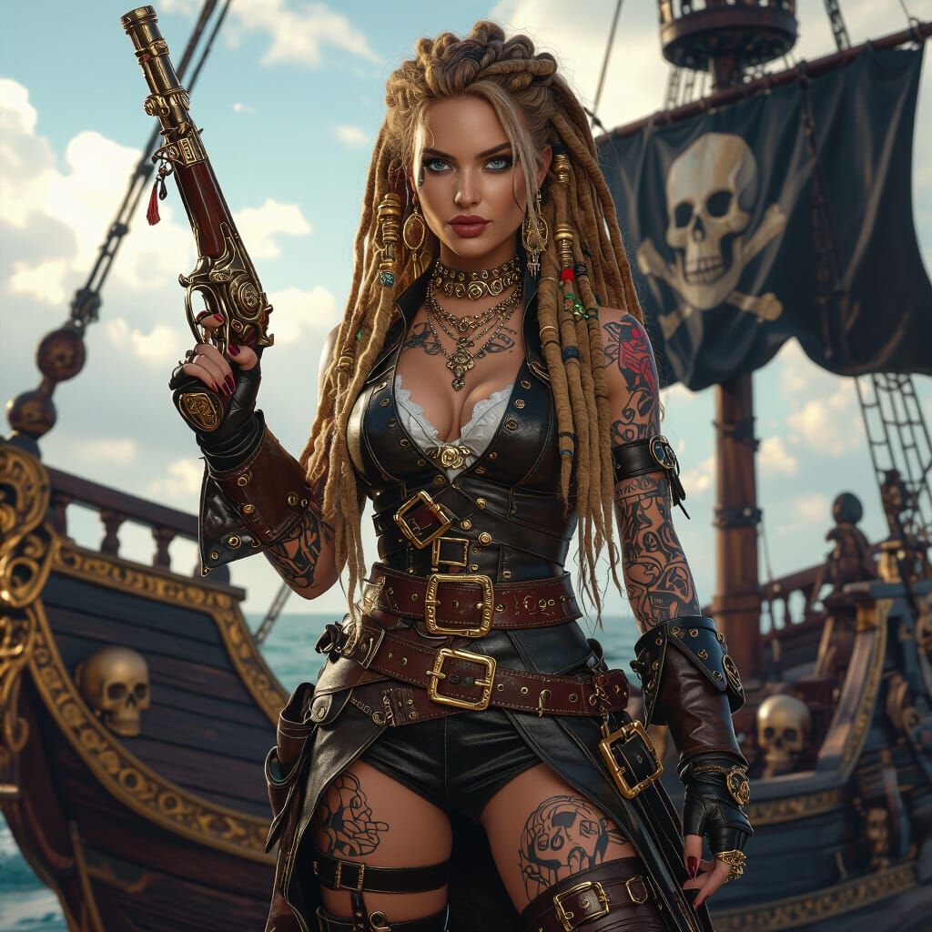 Pirate Woman with Opal Sky & Gothic Ship