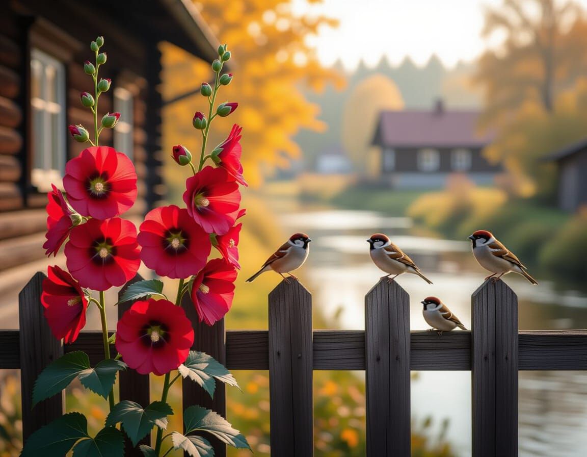 Dark Red Hollyhocks Beside Fence With Sparrows