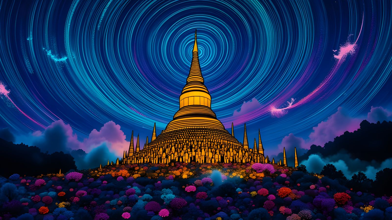 Myanmar Pagoda Amidst Star Trails in Cosmic Resort Style