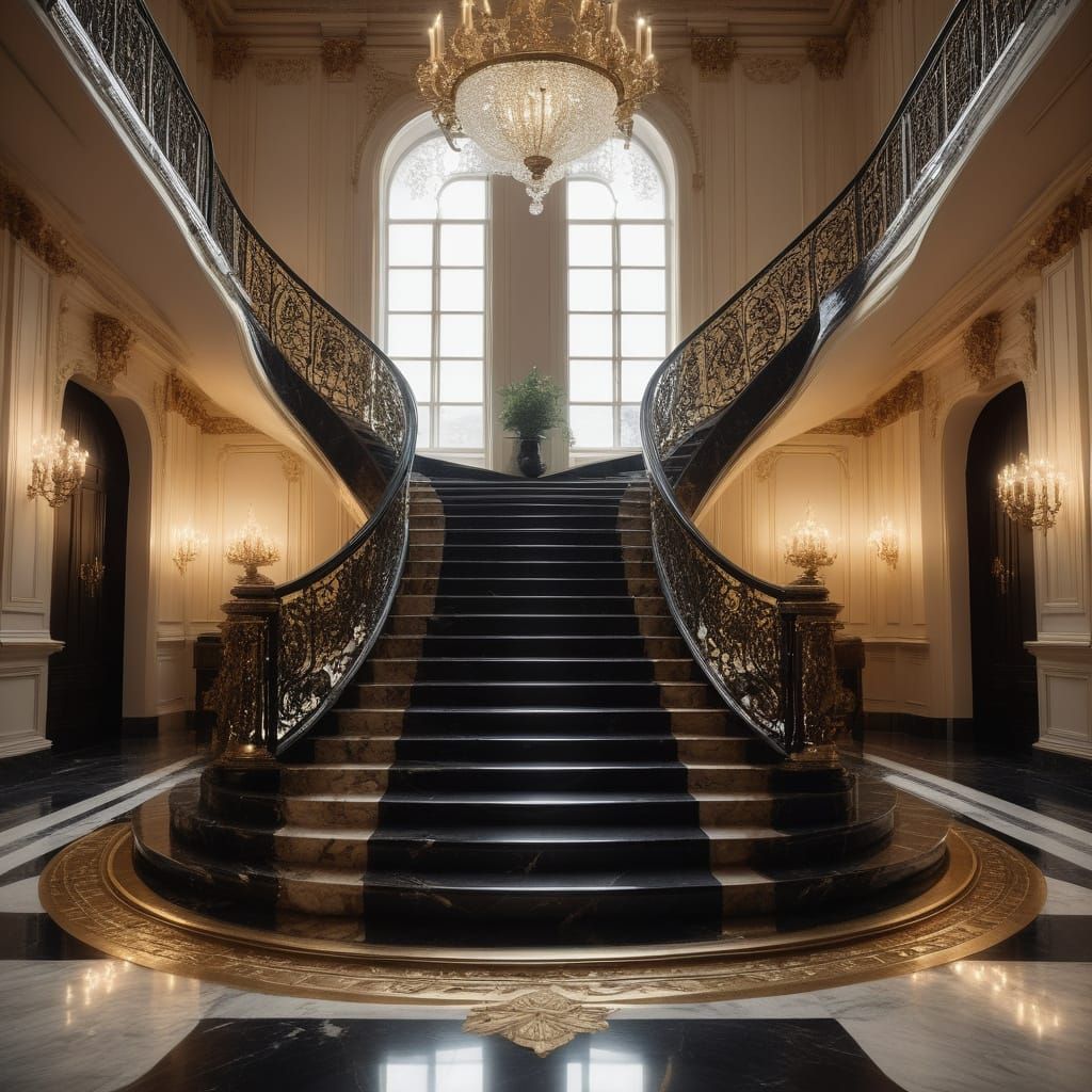 Grand Neoclassical Staircase with Golden Accents