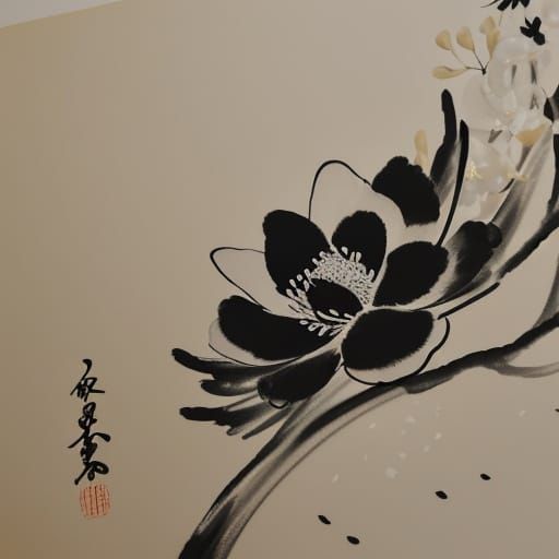 Sumi-e Ink Painting of Ikebana in Japanese Garden