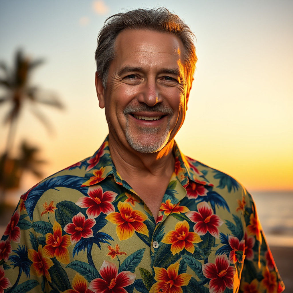 Man in Vibrant Hawaiian Shirt, Hyper-Realistic Portrait