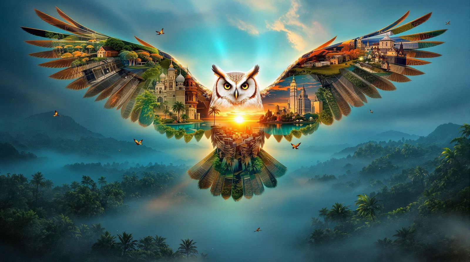 Owl with Forest and City Wings at Sunset