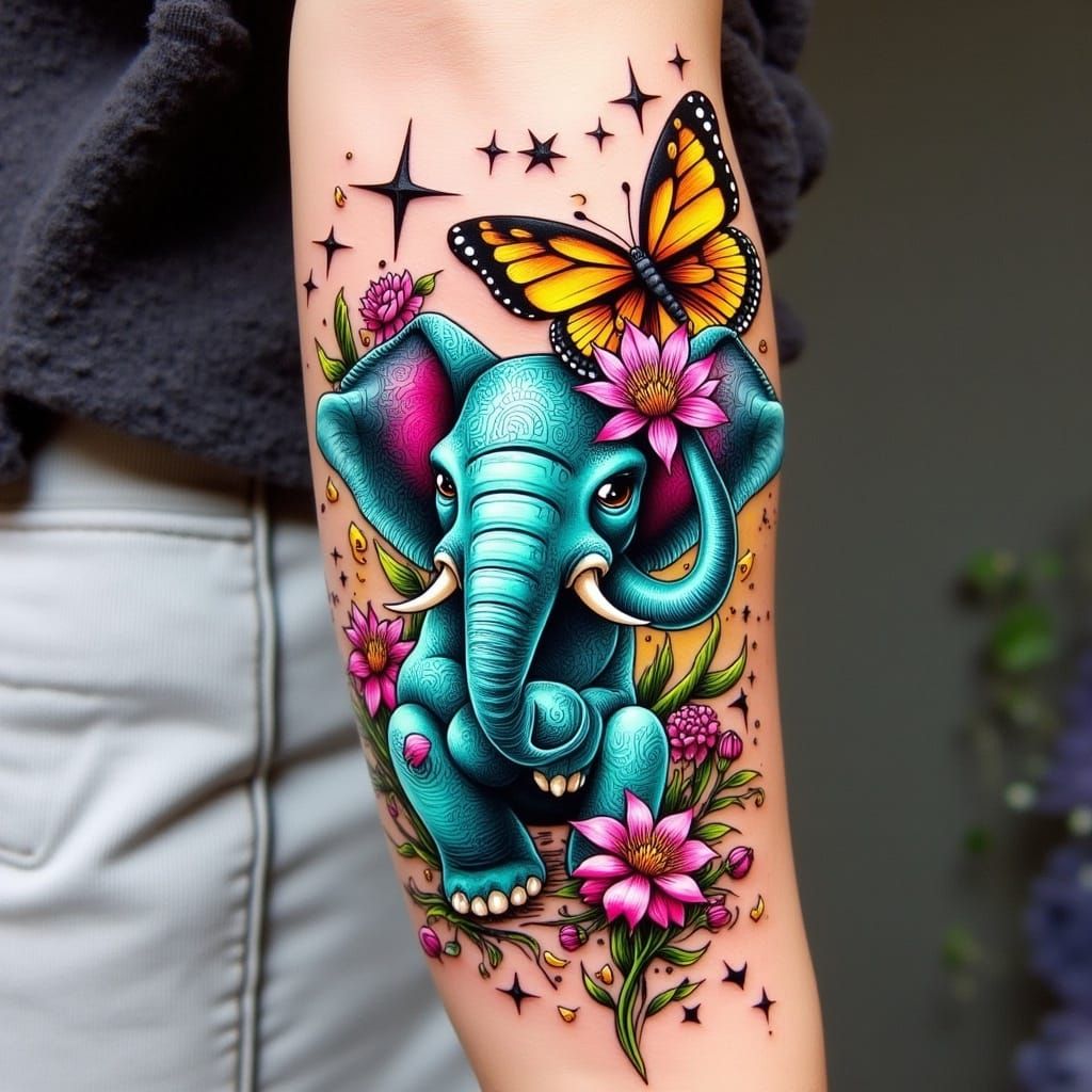 Vibrant Elephant Tattoo in Whimsical Folk Art Style