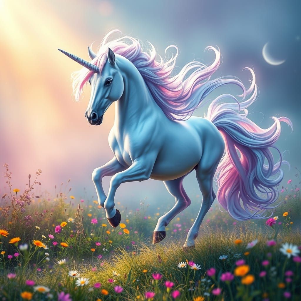 Ethereal Unicorn Dances in Vibrant Meadow