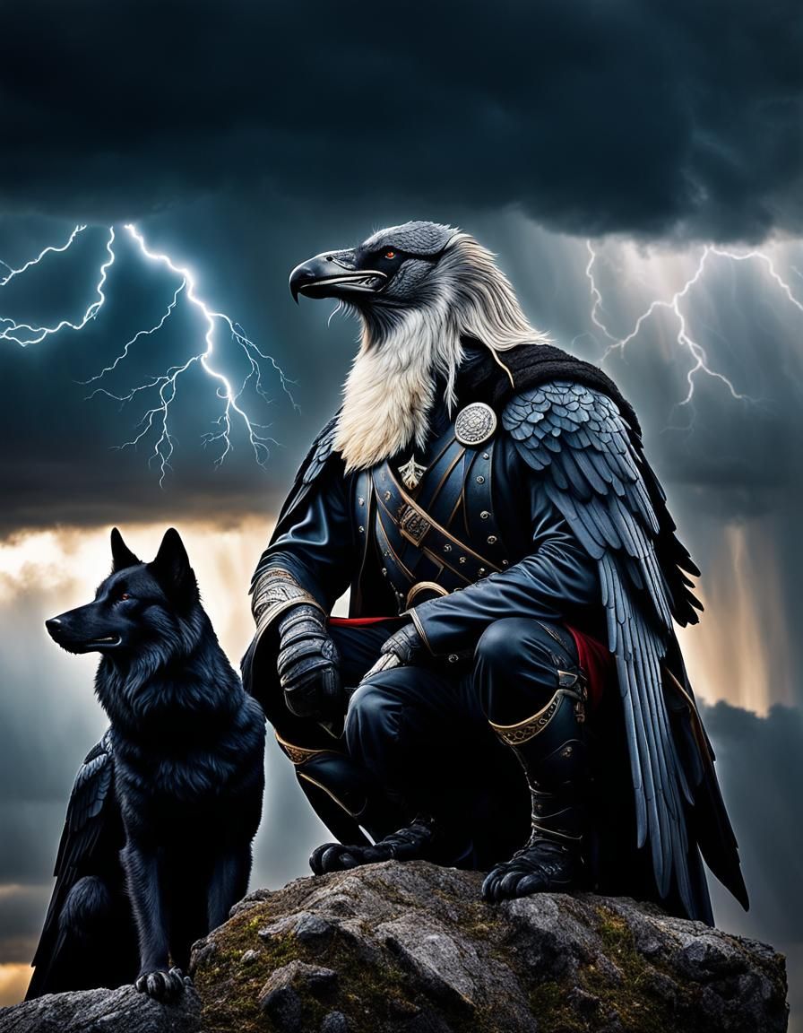 Odin with the ravens Hugin and Munin, and the wolves Geri and Freki