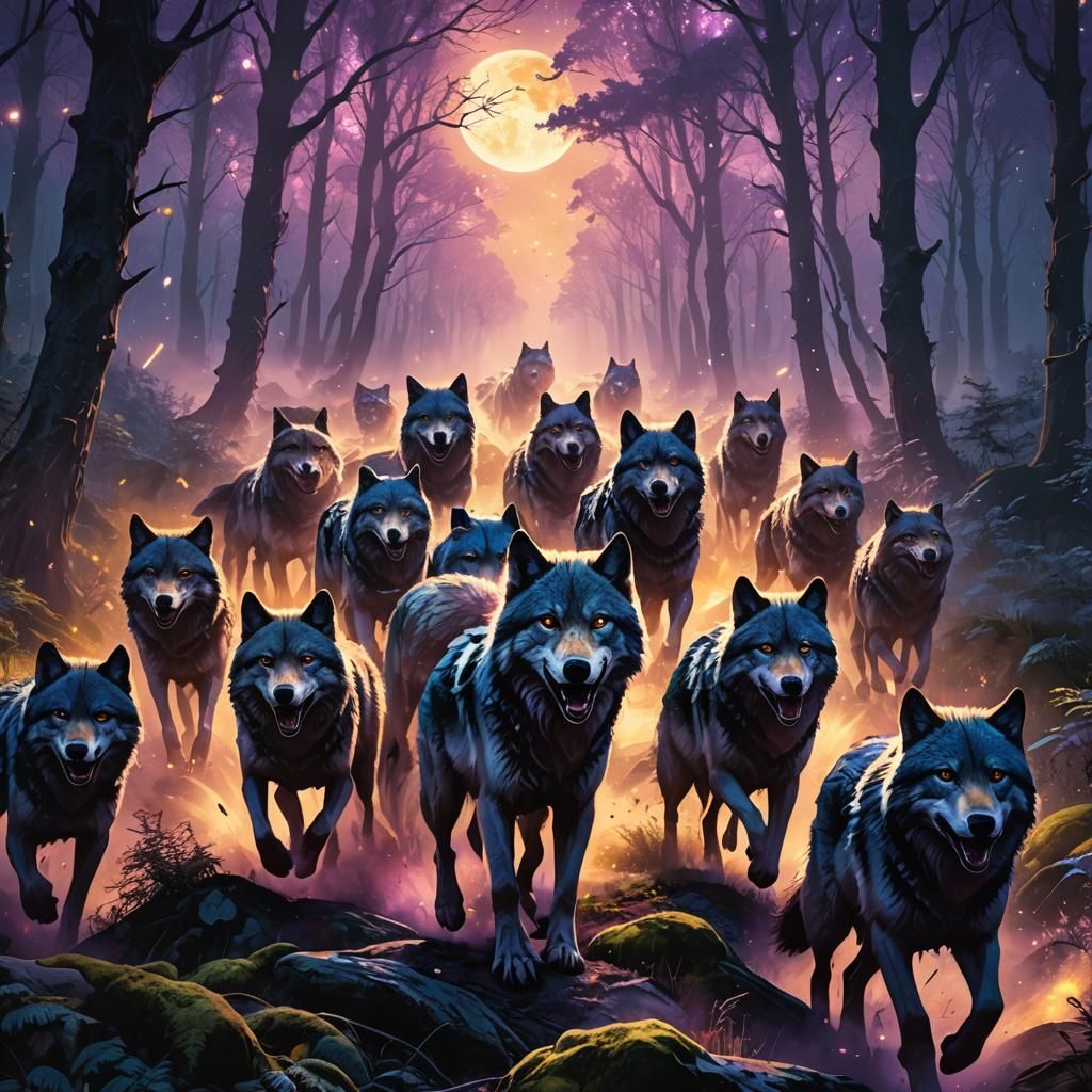 Mystical Wolf Army in Starry Forest, Matte Painting
