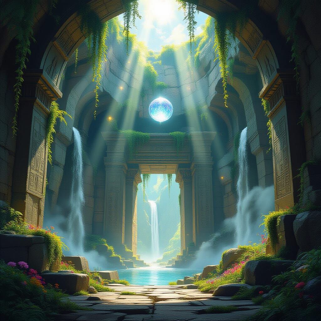 Ancient Mountain Library Entrance with Luminous Moss and Wat...