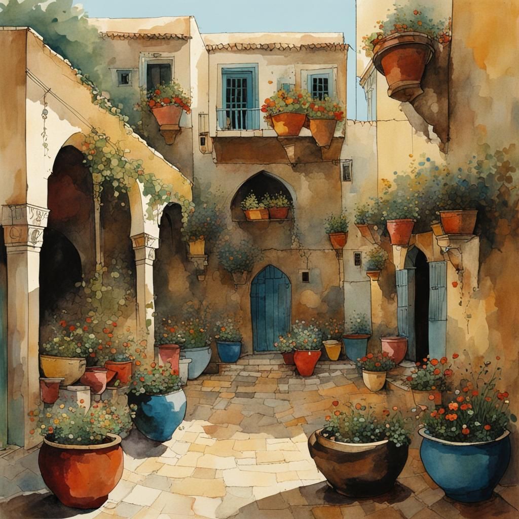 Arabic Courtyard Garden with Flower Pots