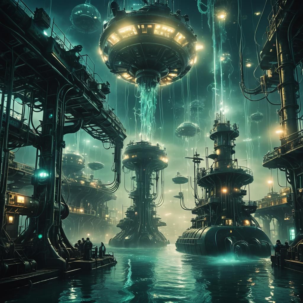 Bioluminescent Submarine City in Cinematic Lighting