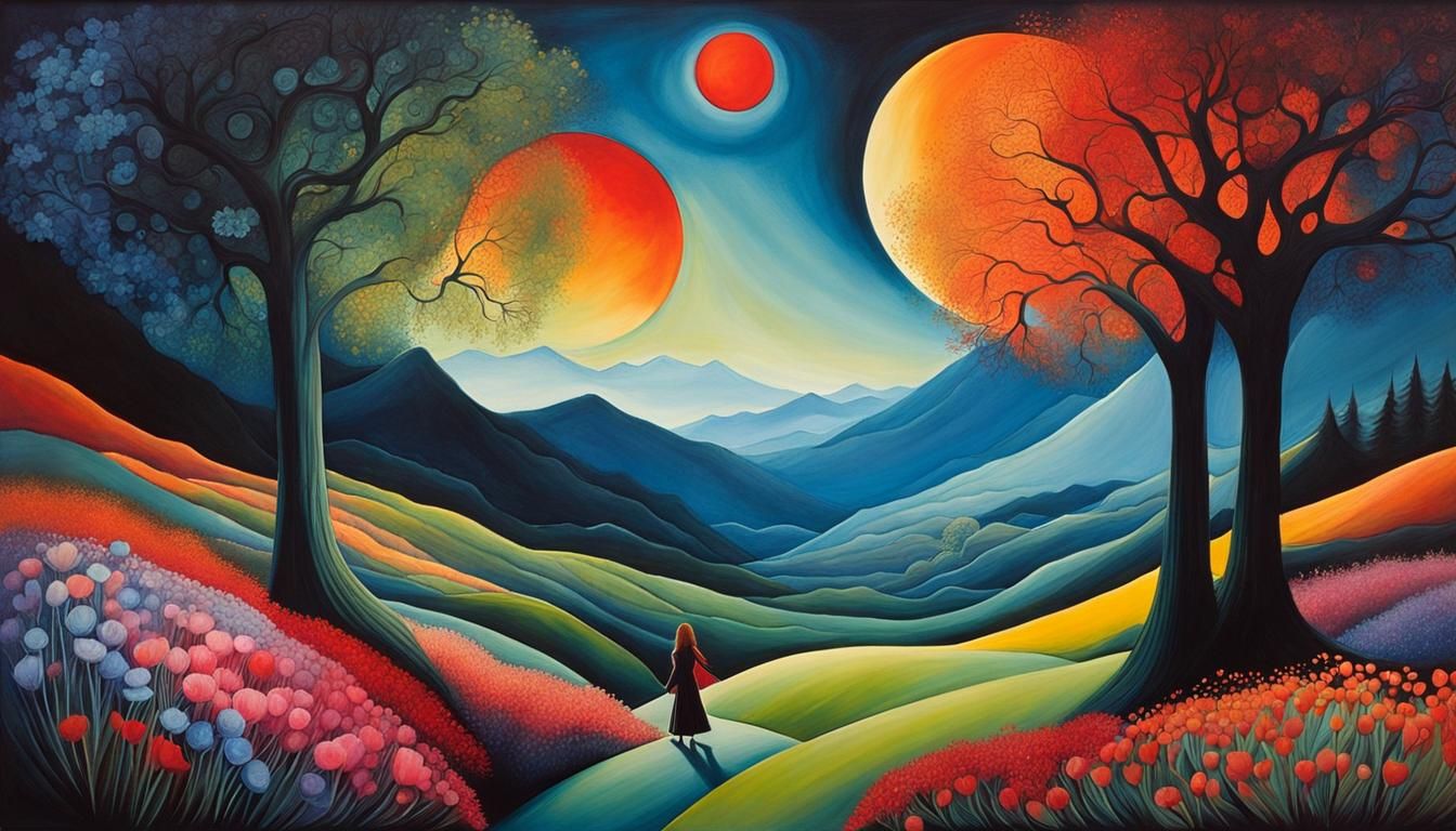 Iridescent Fantasy Landscape in Gouache Style