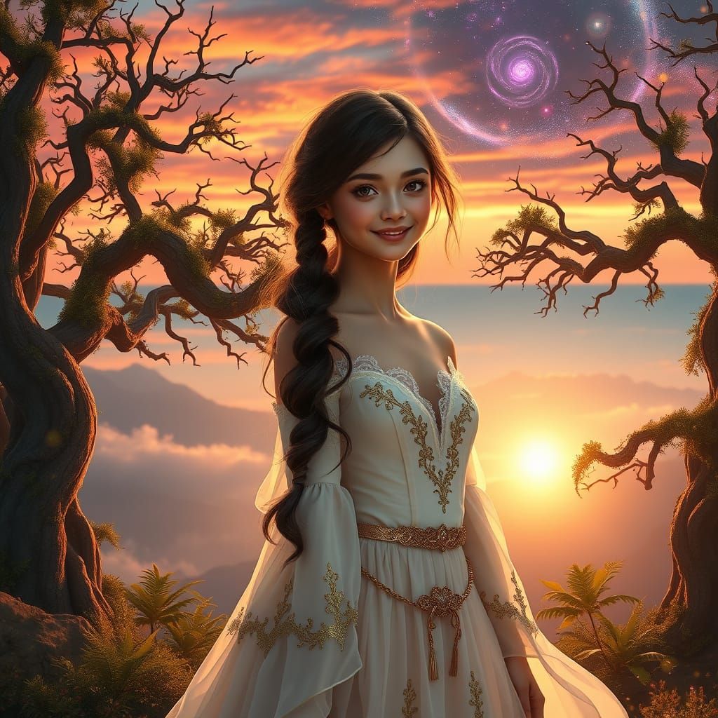 Elegant Girl in Mystical Sunset Realm