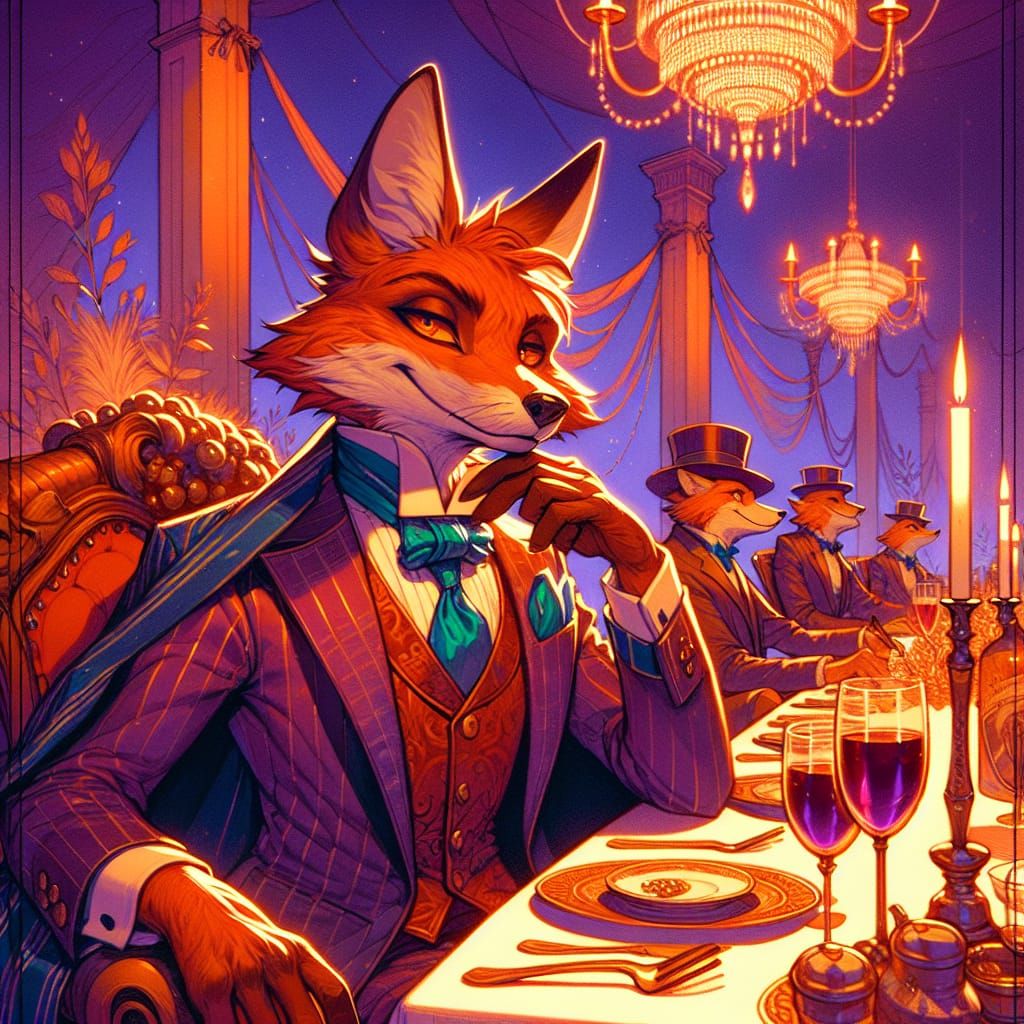 Anthropomorphic Fox in Tuxedo at Dinner Party