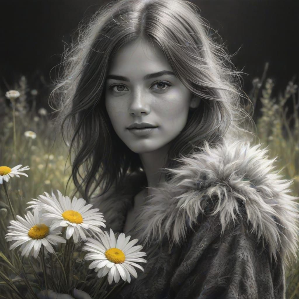 Woman in Fur Dress Holding Daisies: Charcoal Drawing