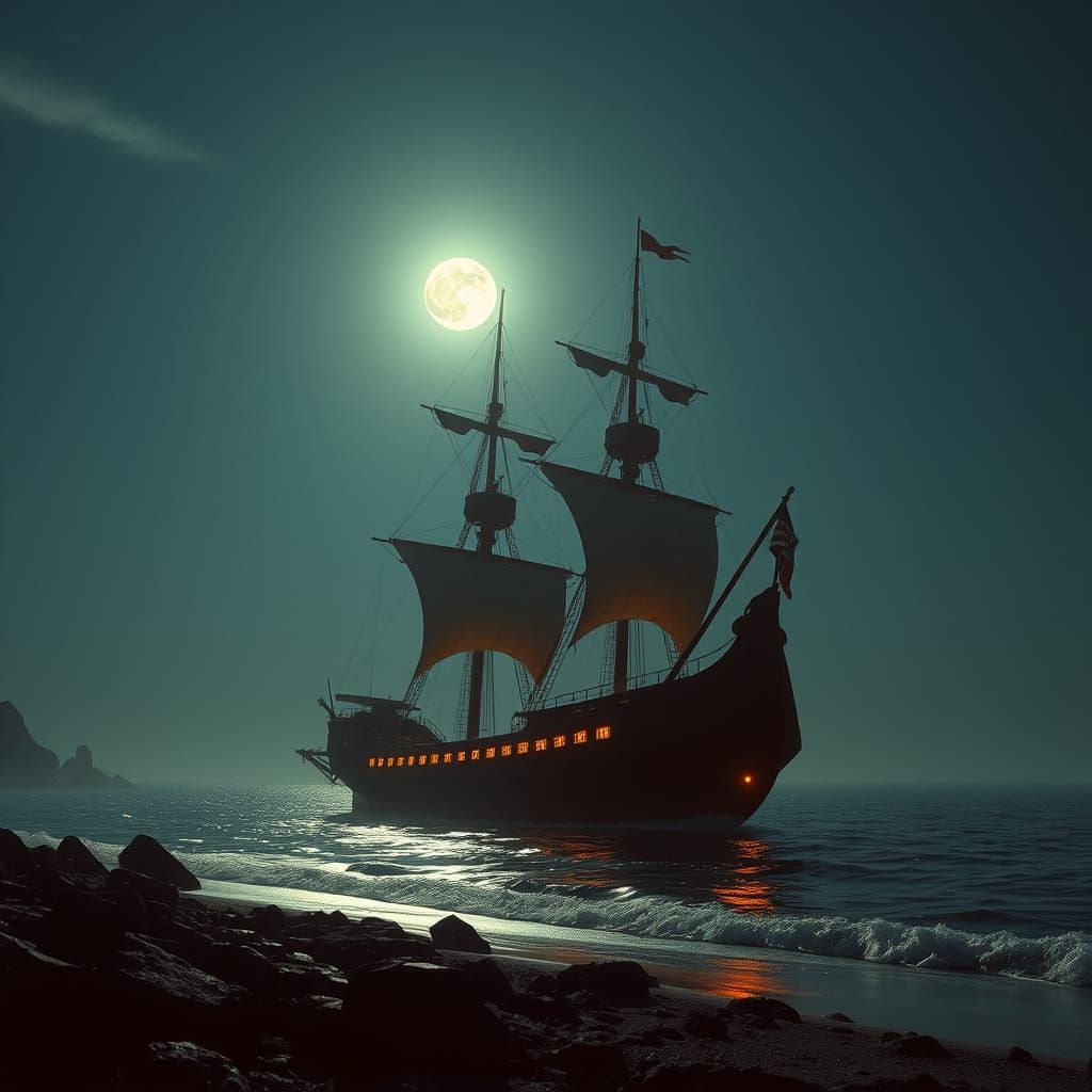 Futuristic Pirate Ship on Moonlit Shore in Hyperrealism