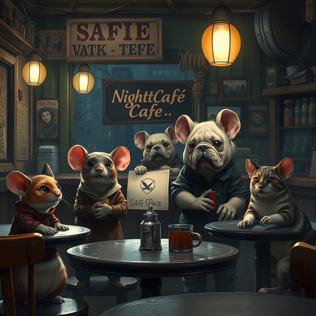 Vibrant Nighttime Cafe Scene with Anthropomorphic Creatures