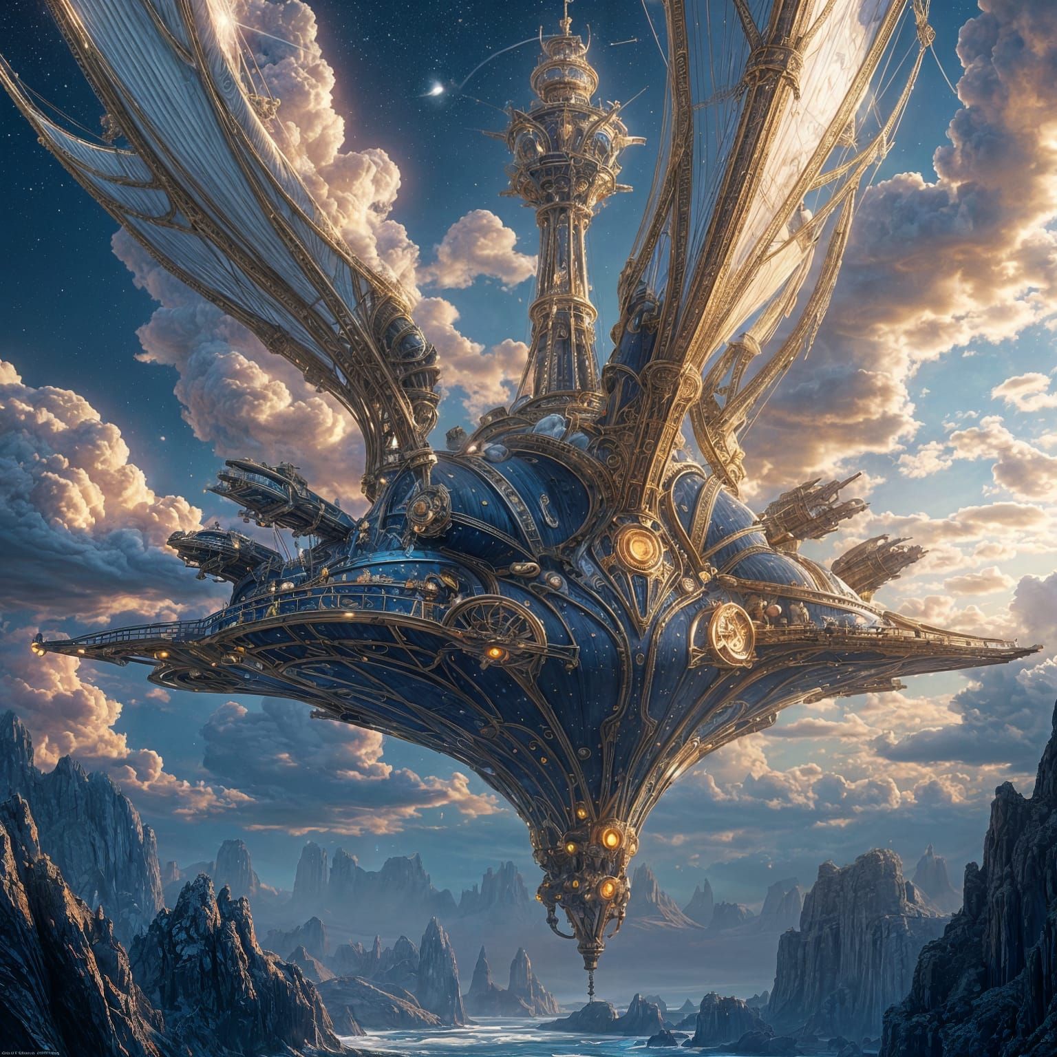 Steampunk Airship in Cosmic Nebula: Epic Fantasy Concept Art
