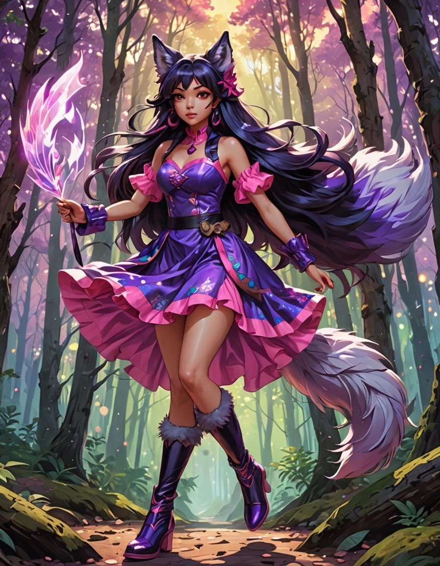 Anime Girl with Wolf Features in Astral Forest