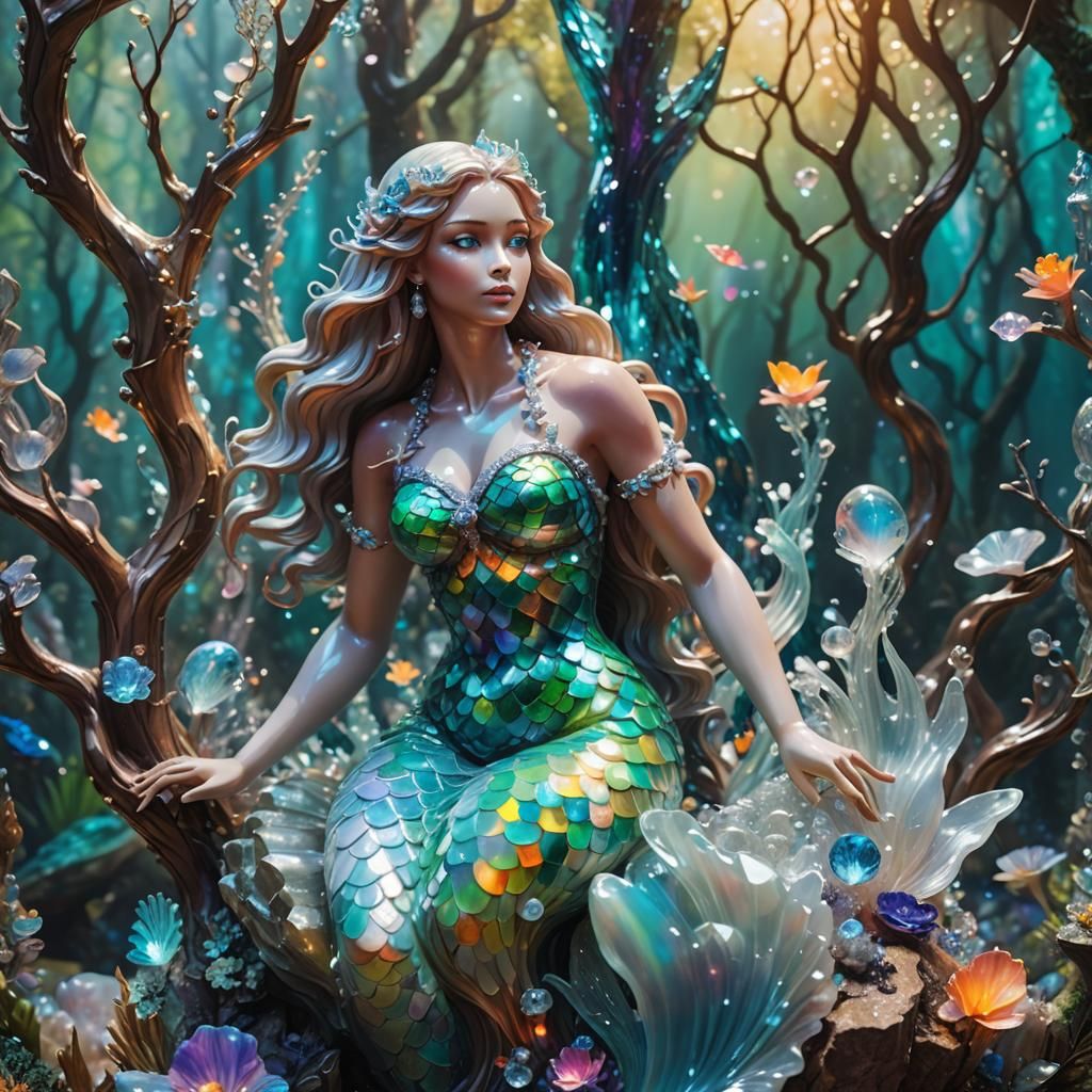 Opal Mermaid Statue in Crystal Forest: Hyperrealistic Art