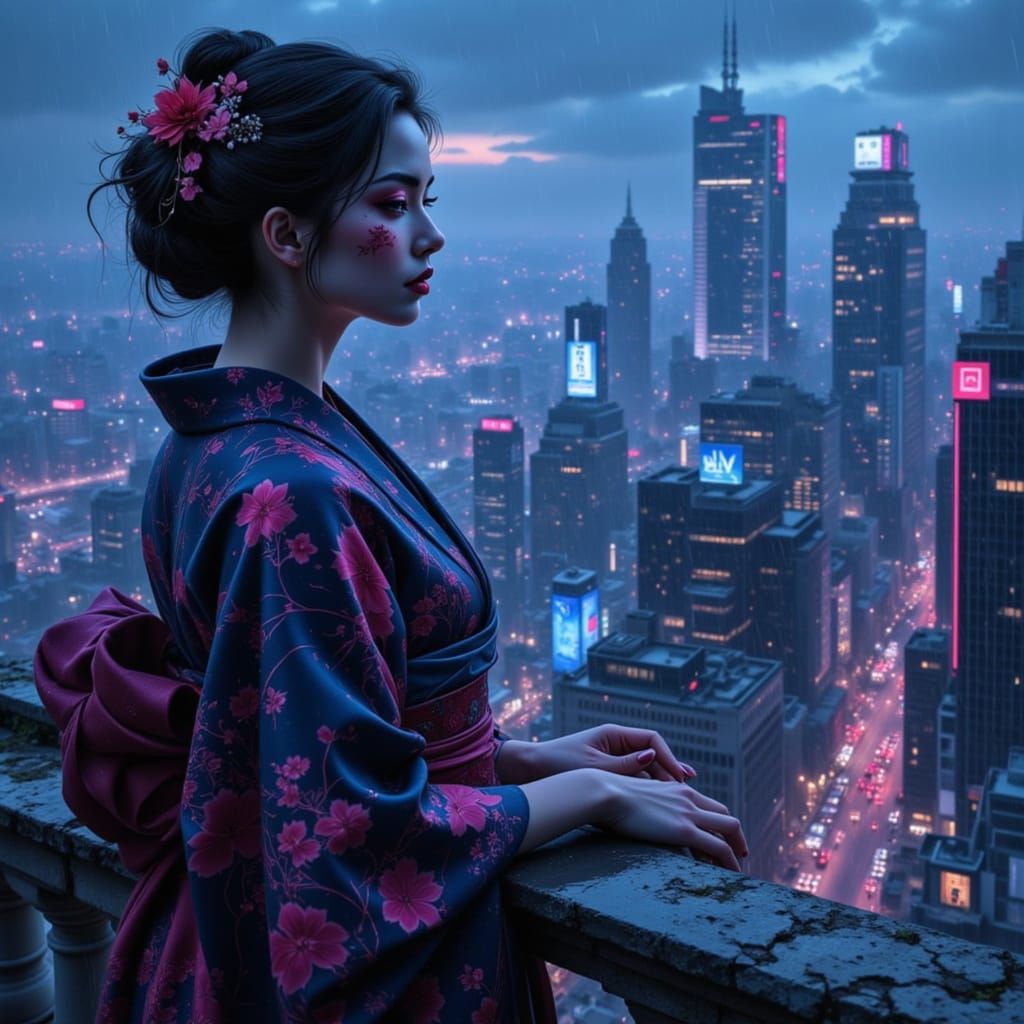 Rooftop Fashion: Geometric Geisha in Cyberpunk City