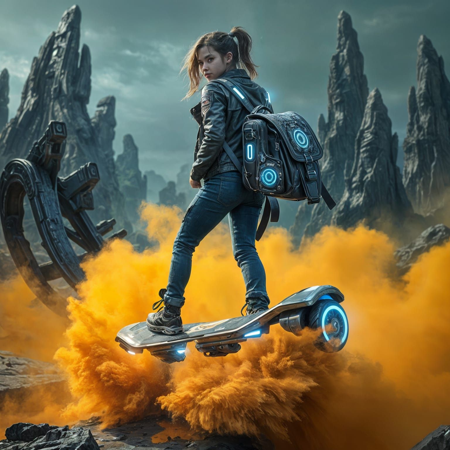 Teenage Girl on Hoverboard in Yellow Mist