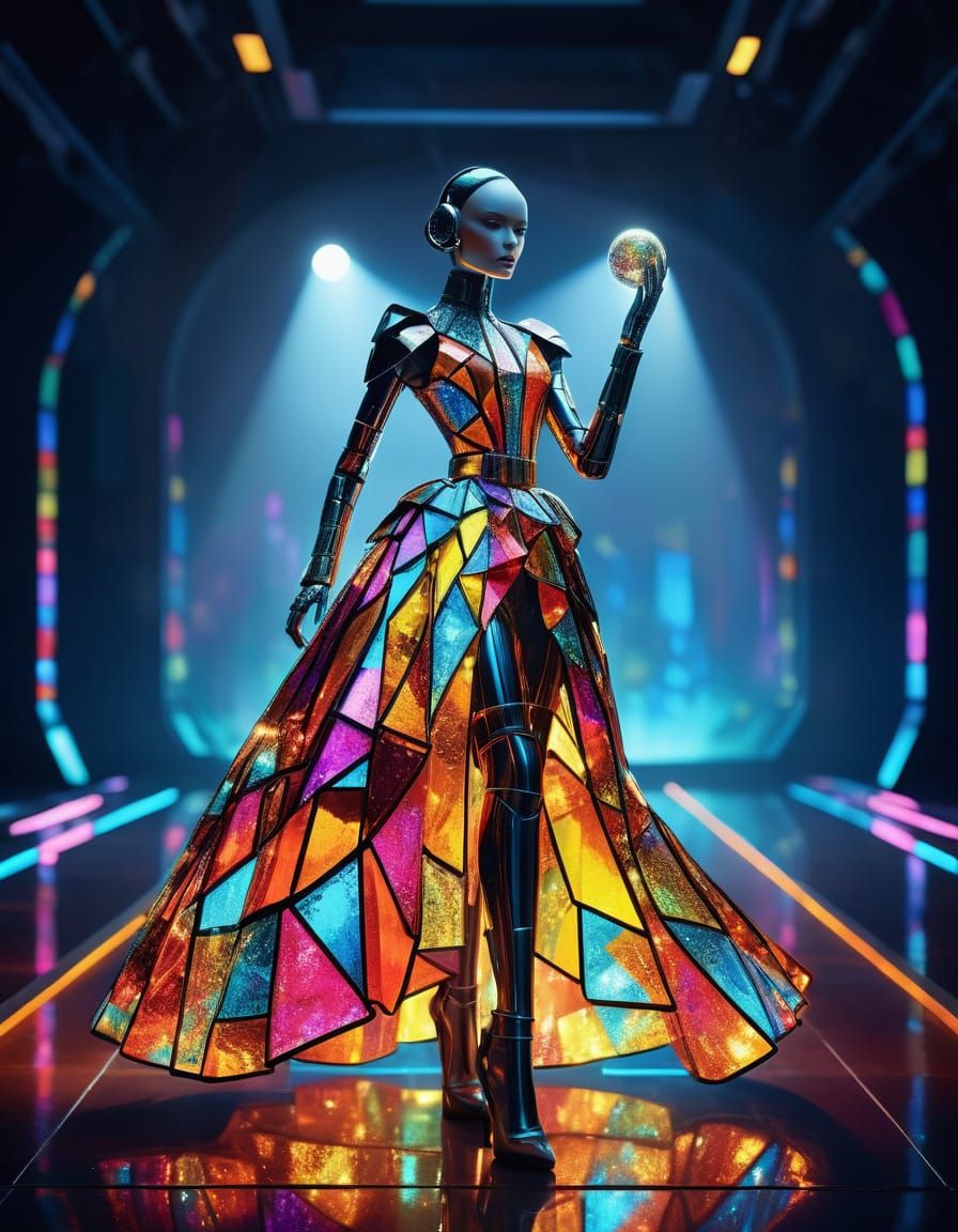 Robot Fashionista in Stained Glass Gown on Catwalk