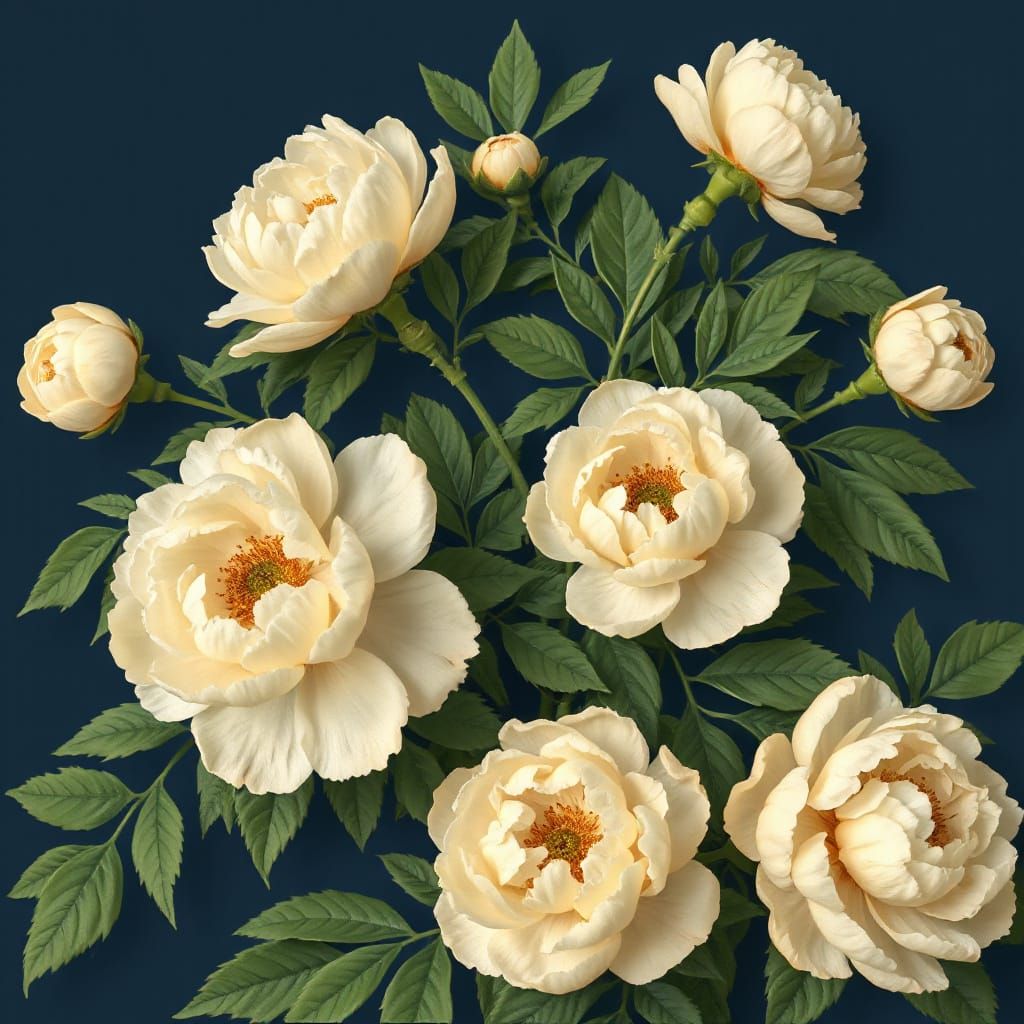 Vintage Botanical Illustration of Cream Peonies