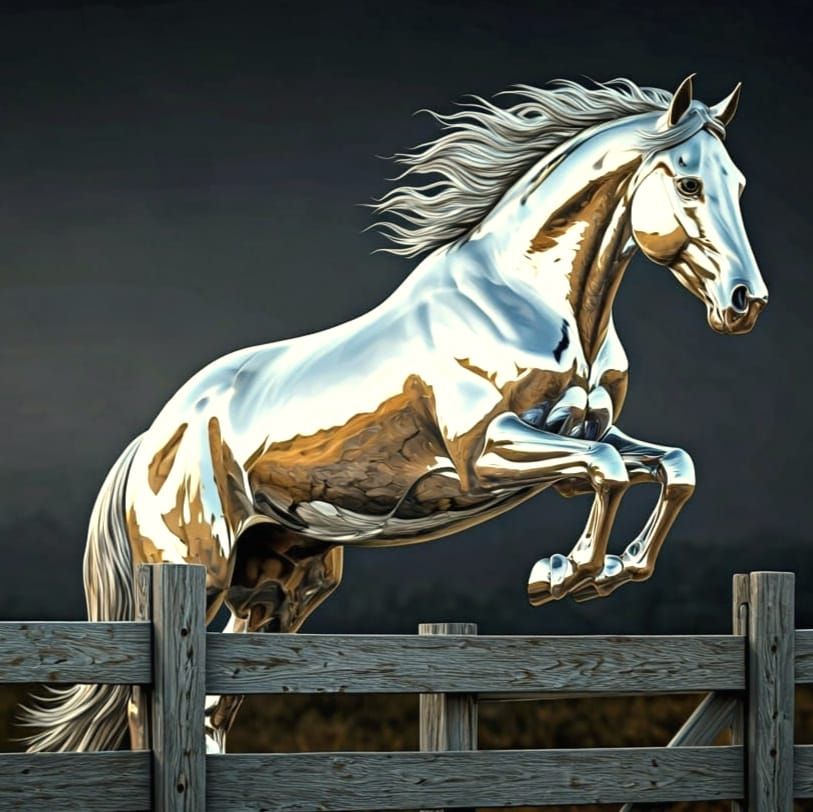 Highly Reflective Chrome Horse Leaps Over Weathered Fence